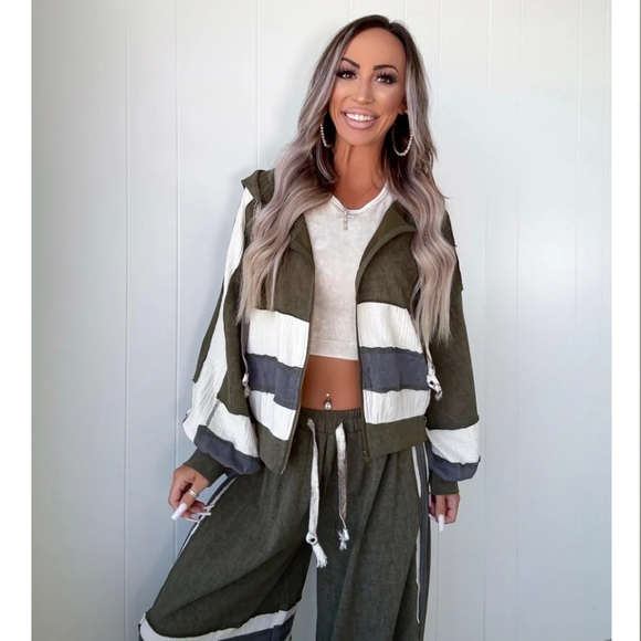 POL Tops - POL Colorblock Olive White Blue Stripes 100% Cotton Zippered Hoodie